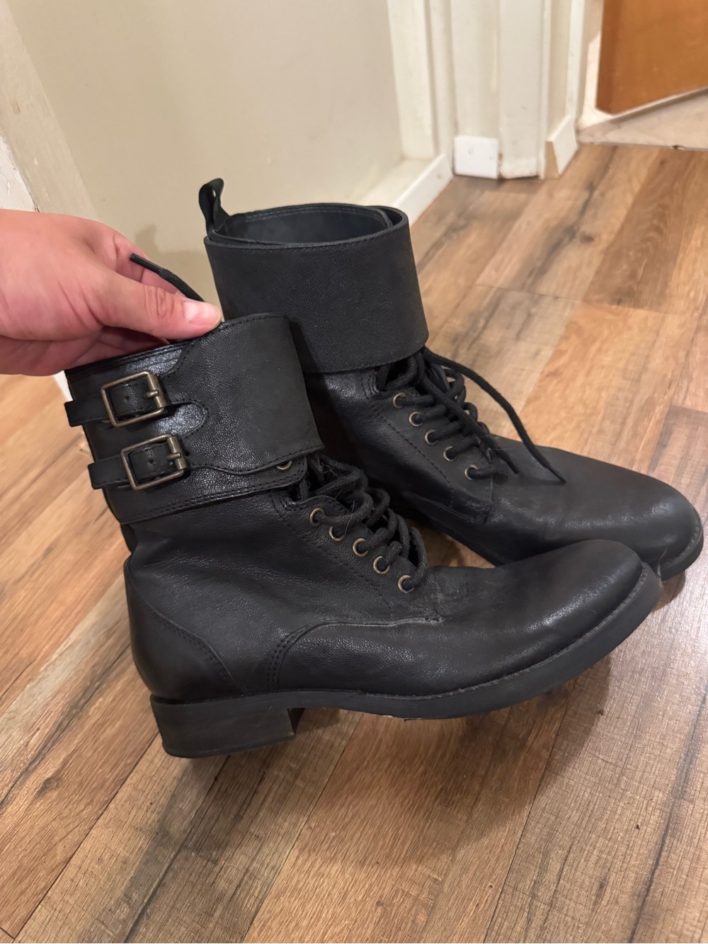 Urban Outfitters Black leather Lace-Up Buckle Combat Boots - Women's